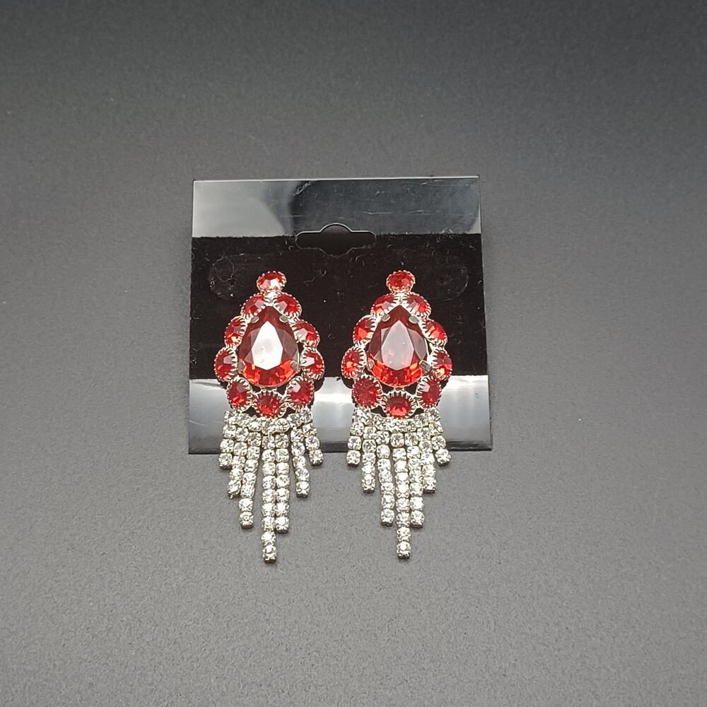 Vintage Style Red Dangle Fringe Earrings Silver Tone Statement